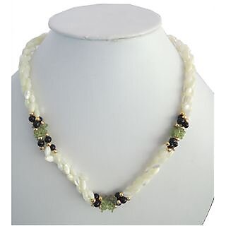                       Three Strands Knotted Pearls ,Black Onyx and Peridot chips 18 inches long fashion necklace adorn with golden tone base metal plain beads and secure with metal clasp                                              