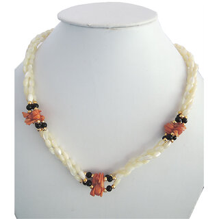                       Three Strands Knotted Pearls, Black Onyx and Carnelian gem stone chips 18 inches long fashion necklace adorn with golden tone base metal plain beads and secure with metal clasp                                              