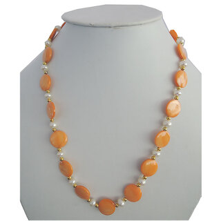                       Fresh water Pearl 6mm and  Flat Orange 14 mm Dyed Pearl coin shaped Beads necklace secure with Metal Clasp                                              