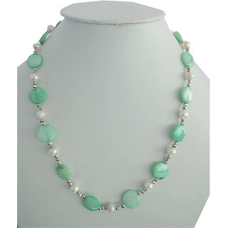 Fresh water Pearl 6mm and  Flat Aqua Green 14 mm dyed pearl coin shaped Beads necklace secure with Metal Clasp