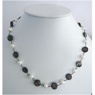                       Dyed Chocolate color 10mm coin shaped pearl and white freshwater pearl Necklace                                              