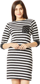 Miss Chase Women's Black And White Round Neck 3/4 Sleeve Cotton Striped Pearl Detail Mini Shift Dress