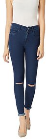 Miss Chase Women's Navy Blue Skinny Fit High Rise Regular Length Clean Look Knee Slit Denim Stretchable Jeans