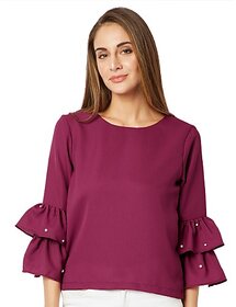 Miss Chase Women's Magenta Round Neck Full Sleeve Solid Pearl Detailing Frilled Layered Ruffled Top