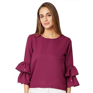                       Miss Chase Women's Magenta Round Neck Full Sleeve Solid Pearl Detailing Frilled Layered Ruffled Top                                              
