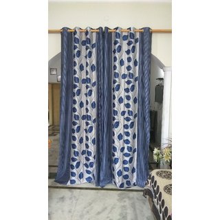 DFH Home Decor Window Curtain Blue Leafs design with lines pattern on sides Curtain Set Of 1 (4x7)