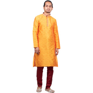 Dulhaghar Men's silk Kurta Pyjama set yellow Size 42