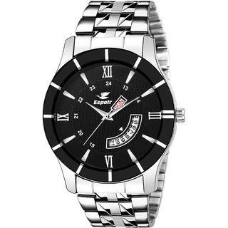Espoir Black Round Dial Silver Stainless Steel Strap Analog Watch For Men-...