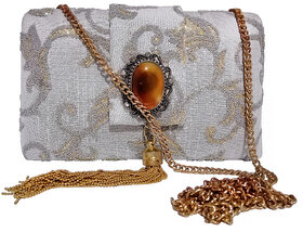 Silver Clutch with the Golden Embroidery and a Gem Work on it