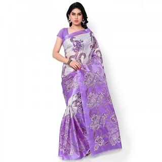                       Meia Purple Colour Taffeta Printed Saree Without Blouse Piece                                               