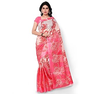                       Meia Pink Colour Taffeta  Printed Saree Without Blouse Piecee                                              
