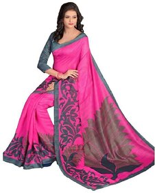 Meia Pink Block Print Bhagalpuri Silk Saree With Blouse
