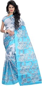Meia Blue Colour Taffeta Printed Saree Without Blouse Piece