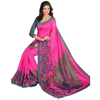                       Meia Pink Block Print Bhagalpuri Silk Saree With Blouse                                              