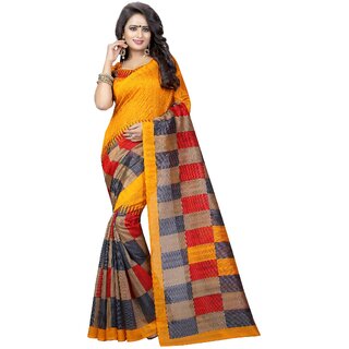                       Meia Multicolor Bhagalpuri Silk Block Print Saree With Blouse                                              