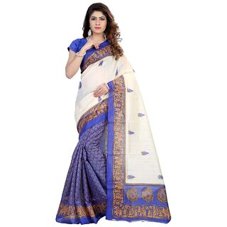                       Svb Sarees Blue And Cream Blue Bhagalpuri Silk Block Print Saree With Blouse                                              