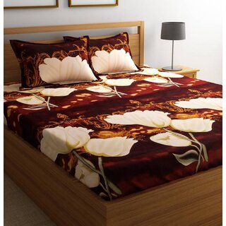 Choco Coffy Flower Poly-cotton Double Bed Sheet with 2 Pillow Covers