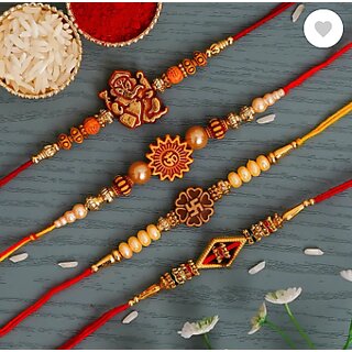                       Pack of 5 Antiqworld Rakhi for brother small Rakhi with Roli Chawal pouch beautiful religious Rudraksh                                              