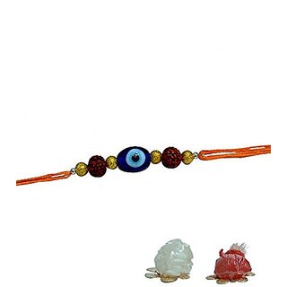                       Yuvi Shoppe Turkish Evil Eye With Five Mukhi Rudraksh Rakhi With Wealth Frog For Money And Prosperity                                              