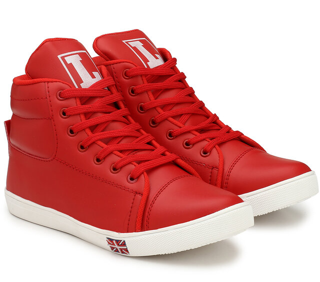 White High Ankle Sneakers with Contrasting Red & Blue Leather Detailin