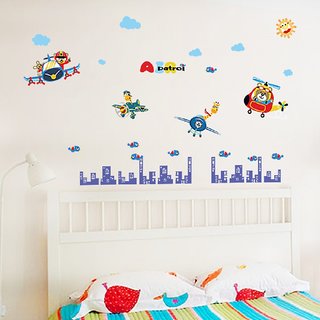 JAAMSO ROYALS 
Boy Cartoon Plane City Wall Sticker  Wall Sticker for Home Dcor