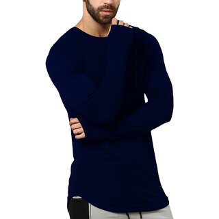                       PAUSE NAVY Solid Cotton Round Neck Slim Fit Long Sleeve Men's T-Shirt                                              