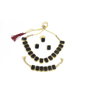                       Black Square Stone Fancy Necklace Set                                              