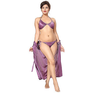 Be You Purple Solid Women Nightwear Set (1 robe, 1 Nighty, 1 Bra  1 Panty)