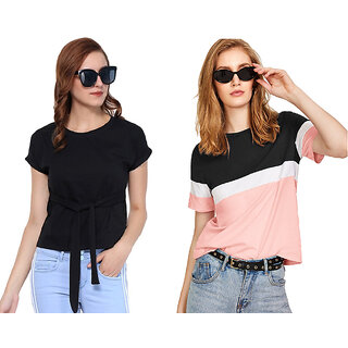 Code Yellow Women's Combo Of Pink and Black Front Knot Tee