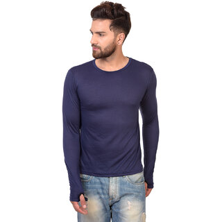 Pause Blue Solid Cotton Round Neck Slim Fit Full Sleeve Men'S T-Shirt