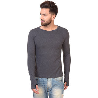 Pause Grey Solid Cotton Round Neck Slim Fit Full Sleeve Men'S T-Shirt