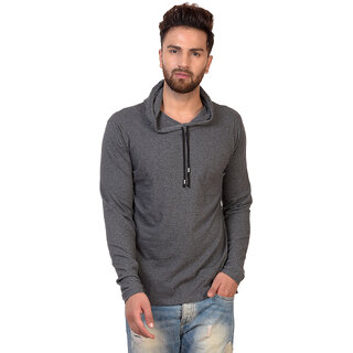 Pause Grey Solid Cotton Hooded Slim Fit Full Sleeve Men'S T-Shirt
