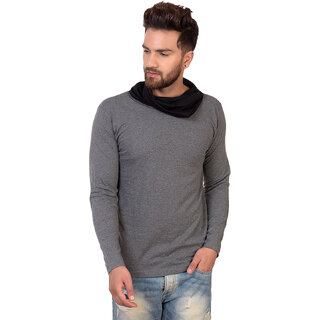Pause Grey Solid Cotton Cowl Neck Slim Fit Full Sleeve Men'S T-Shirt