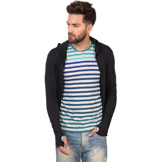 Pause Black Solid Cotton Hooded Slim Fit Full Sleeve Men'S Cardigan T-Shirt