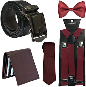 Sunshopping men's black belt brown wallet, suspender, bow,tie (pack of five)