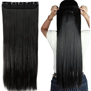 Osking Straight Full Head Synthetic Fibre Clip In Hair Extensions 5 Clips Based 24 Inch - For Women And Girls - Premium Quality (Natural Black)