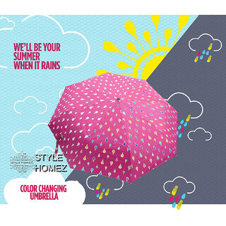 Style Homez Designer UV Coated 3-Fold Travel Color Changing Umbrella, 110 cm Fuscia Pink Color