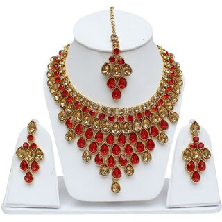 Lucky Jewellery Elegant LCT Golden Red Color Stone Necklace Set For Girls  Women