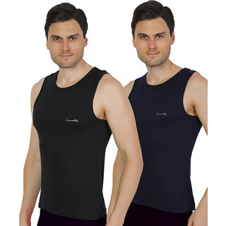 Pack of 2 - Mens Black & Navy Blue Color Gym Vest - 100% Cotton - Size S (Small) 70 to 75 cm - Baniyan by Semantic