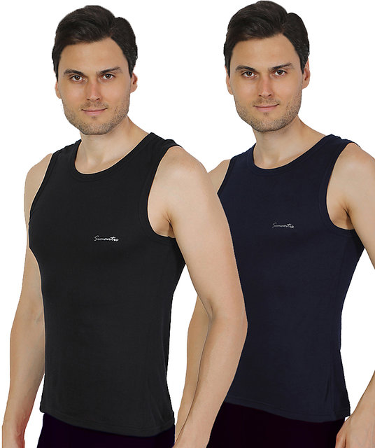 Buy Pack of 2 - Mens Black & Navy Blue Color Gym Vest - 100