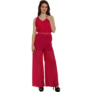Fascinating Red Ruffle Trim Strappy Sheer Leg Jumpsuit