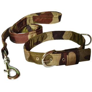 Petshop7 Premium Quality  Stylish Nylon Printed Army Design Brown Dog Collar  Leash (0.75 inch Small Size