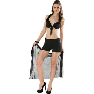                       Chic And Modish Jet Black Ruffled Halter Stylish 3-Piece Bikini Set With Incredible Wrap                                              
