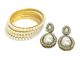 Pearl Bangles Set of 4 with Pearl Tilak Earring