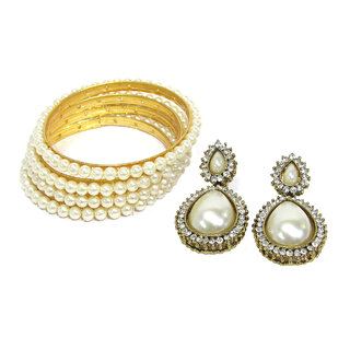                       Pearl Bangles Set of 4 with Pearl Tilak Earring                                              
