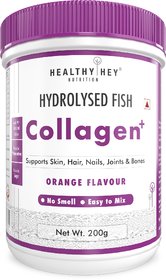 HealthyHey Nutrition  Marine Collagen Powder 200g - Hydrolyzed Marine Collagen Peptides (Orange Flavour, 200g)