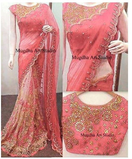 Embroidered Net Saree in Pink : SPTA6794