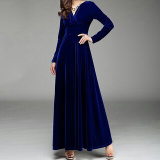 Code Yellow Women's Royal Blue Velvet V-Neck Long Winter Dress