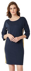 Miss Chase Women's Navy Blue Round Neck Full Sleeve Cotton Solid Twill Tape Detailing Mini Shift Dress