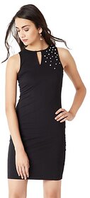 Miss Chase Women's Black Solid Sleeveless Round Neck Mini Pearl Bodycon Dress